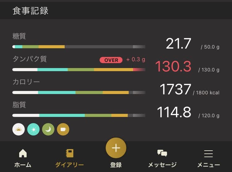 Rizap Touch 2.0の画面
1日の3大栄養素のまとめ